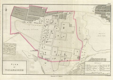1854 Pharoah Map or Plan of the City of Vizianagaram, Andhra Pradesh, India