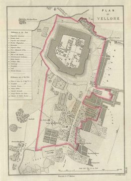 1854 Pharoah Map or Plan of Vellore, Tamil Nadu, India