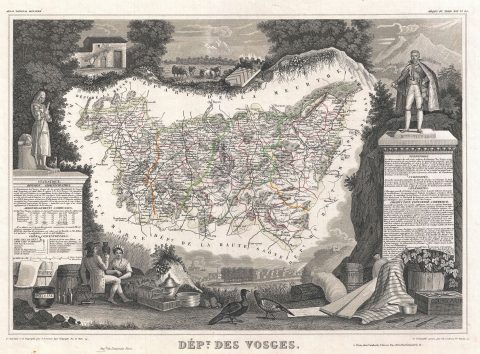 1852 Levassuer Map of the Department Des Vosges, France