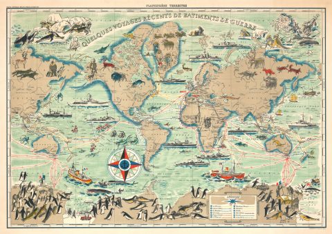1954 Baille Pictorial Map of the World Tracing Voyages of French Warships