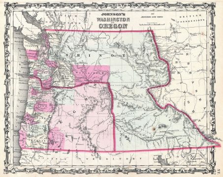 1862 Johnson Map of Washington and Oregon w/Idaho