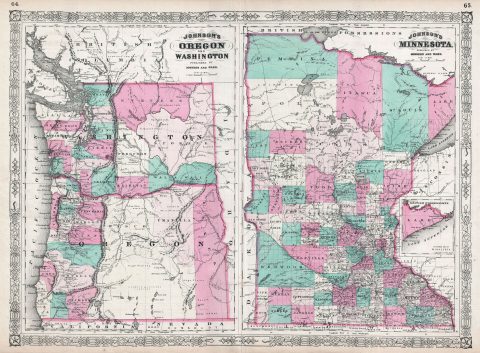 1865 Johnson Map of Washington, Oregon & Minnesota