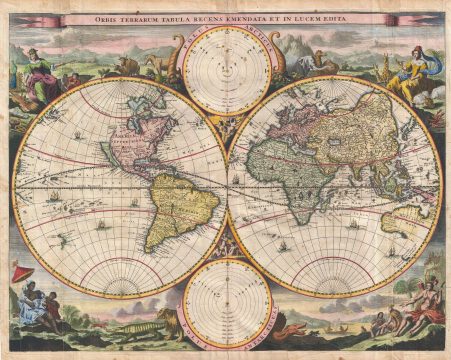 1702 Stoopendaal /  Visscher Map of the World in Two Hemispheres