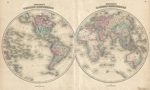 1861 Johnson Map of the World on Hemisphere Projection