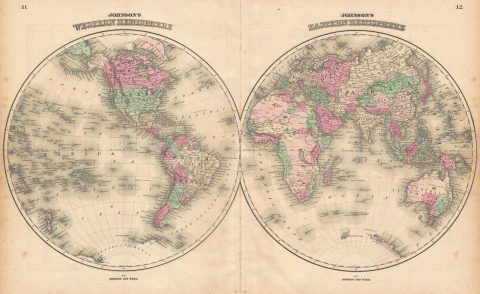 1864 Johnson Map of the World on Hemisphere Projection