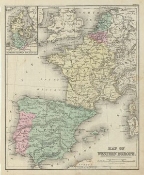 1879 Warren Map of Western Europe: Spain, Portugal, France, Holland, Belgium