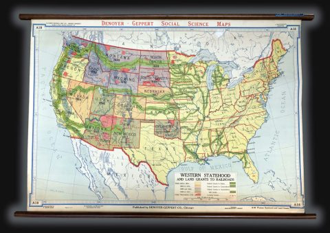 1940 Denoyer-Geppert Wall Map of Statehood in the Western U.S.