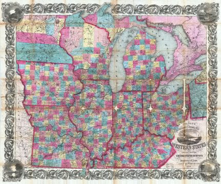1854 Colton Pocket Map of Ohio, Michigan, Wisconsin, Iowa, Illinois, Missouri, Indiana and Kentucky