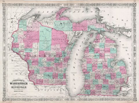 1864 Johnson Map of Wisconsin and Michigan