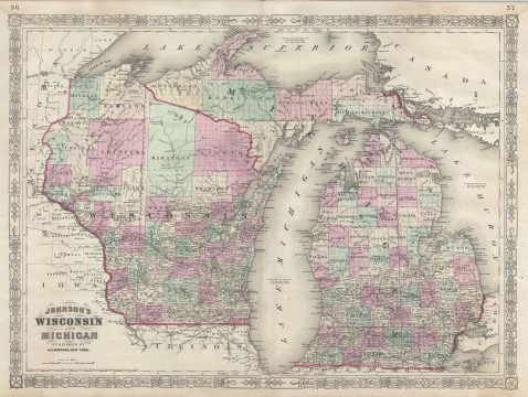 1866 Johnson Map of Wisconsin and Michigan