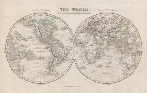 1840 Black Map of the World in Two Hemispheres