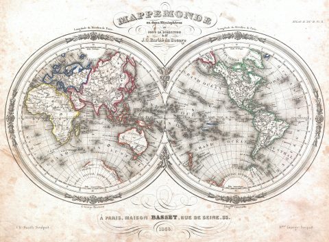 1848 Barbie du Bocage Map of the World in Hemispheres