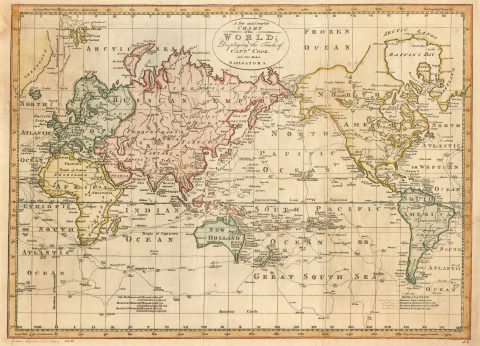 1796 Bowen Map of the World with Explorers' Tracks