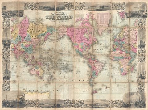 1853 J. H. Colton Decorative Case Map of the World