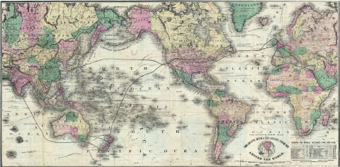 1871 Crofutt Map of the World (Showing Routes Around the World)