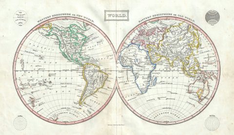 1845 Ewing Map of the World in Hemispheres