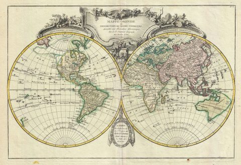 1762 Lattre and Janvier Map of the World on a Hemisphere Projection