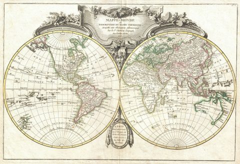 1775 Lattre and Janvier Map of the World on a Hemisphere Projection