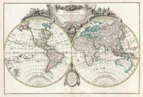 1782 Lattre and Janvier Map of the World on a Hemisphere Projection