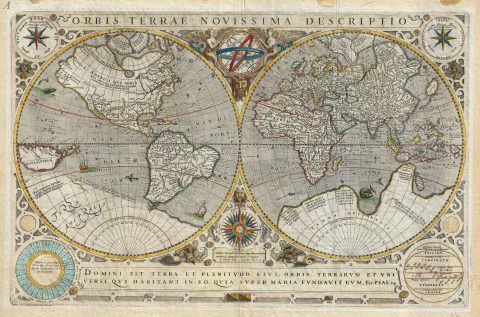 1633 Le Clerc / Hondius Map of the World in Hemispheres
