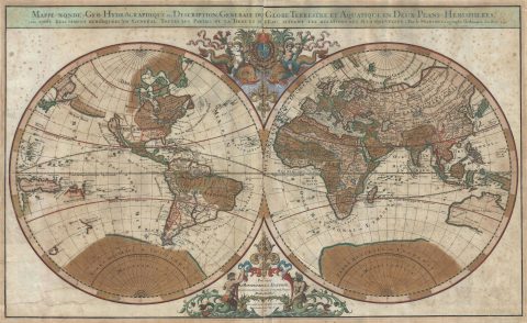 1691 Sanson Map of the World on Hemisphere Projection