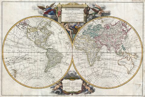 1783 Vaugondy Map of the World in Hemispheres