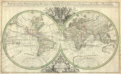 1691 Sanson Map of the World on Hemisphere Projection
