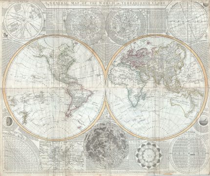 1794 Samuel Dunn Wall Map of the World in Hemispheres