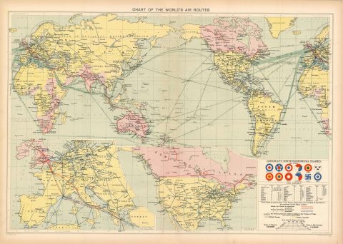 1935 George Philip Map of World Air Routes Before World War II