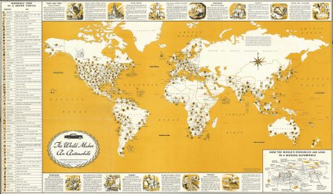 1956 General Drafting Pictorial Map of World and How we Make Cars