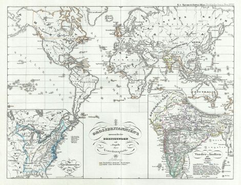 1854 Spruner Map of the World showing the British Empire