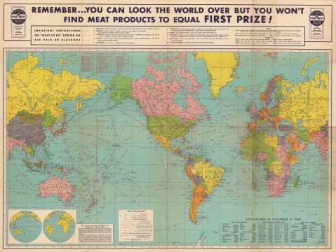 1942 Gousha Map of the World w/ air raid advice!
