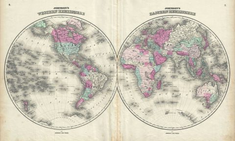 1863 Johnson Map of the World in Hemispheres