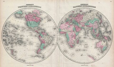 1866 Johnson Map of the World in Hemispheres