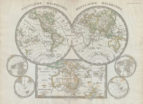 1862 Stieler Hemisphere Map of the World