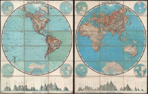 1880 Kellner Wall Map of the World in Hemispheres