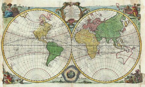 1747 Bowen Map of the World in Hemispheres (Sea of Korea identified)