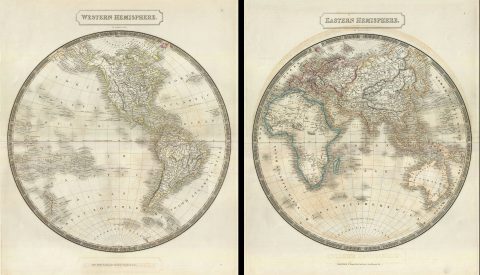 1835 Hall Map of the World in Hemispheres (2 Maps)