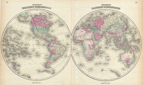 1866 Johnson Map of the World in Hemispheres