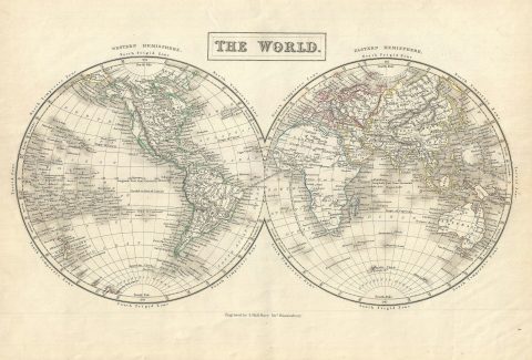 1844 Black Map of the World in Two Hemispheres