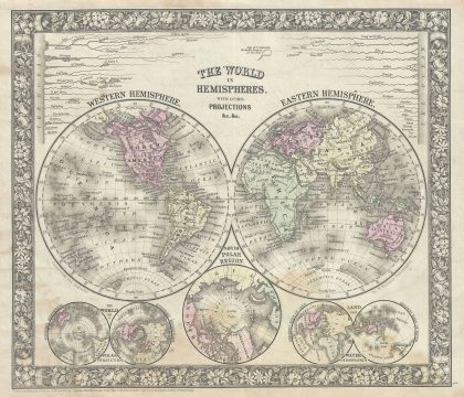 1866 Mitchell Map of the World in Hemispheres