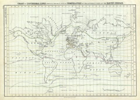 1844 Black Map of World Isothermal Lines and Temperature