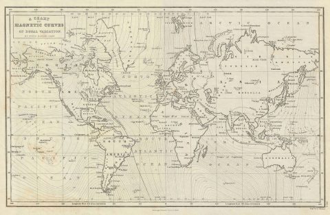 1851 Black Map or Chart of the World's Magnetic Waves