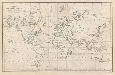 1840 Black Map of the World showing Magnetic Curves