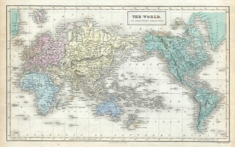 1851 Black Map of the World on Mercator's Projection