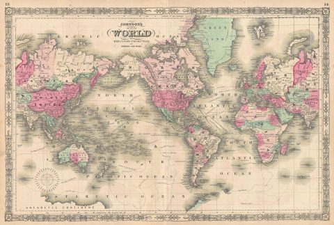 1864 Johnson Map of the World on Mercator Projection