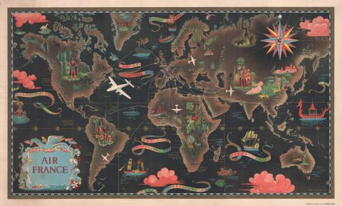 1947 Lucien Boucher Air France Double Hemisphere Celestial (surrealist)