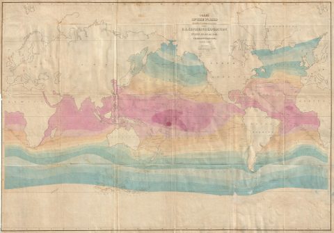 1842 Wilkes Map of the World on Mercator Projection showing Isothermal Lines