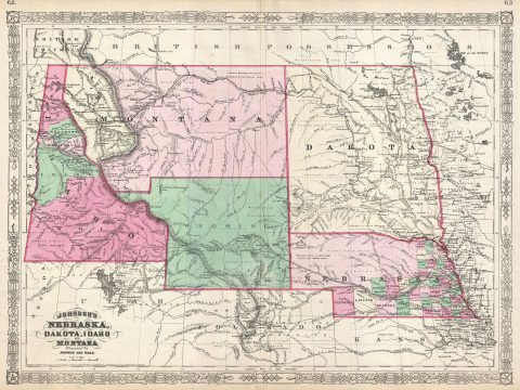 1866 Johnson Map of Montana, Wyoming, Idaho, Nebraska and Dakota