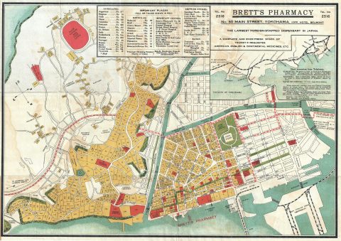 1920 Brett's Pharmacy English Language City Map or Plan of Yokohama, Japan